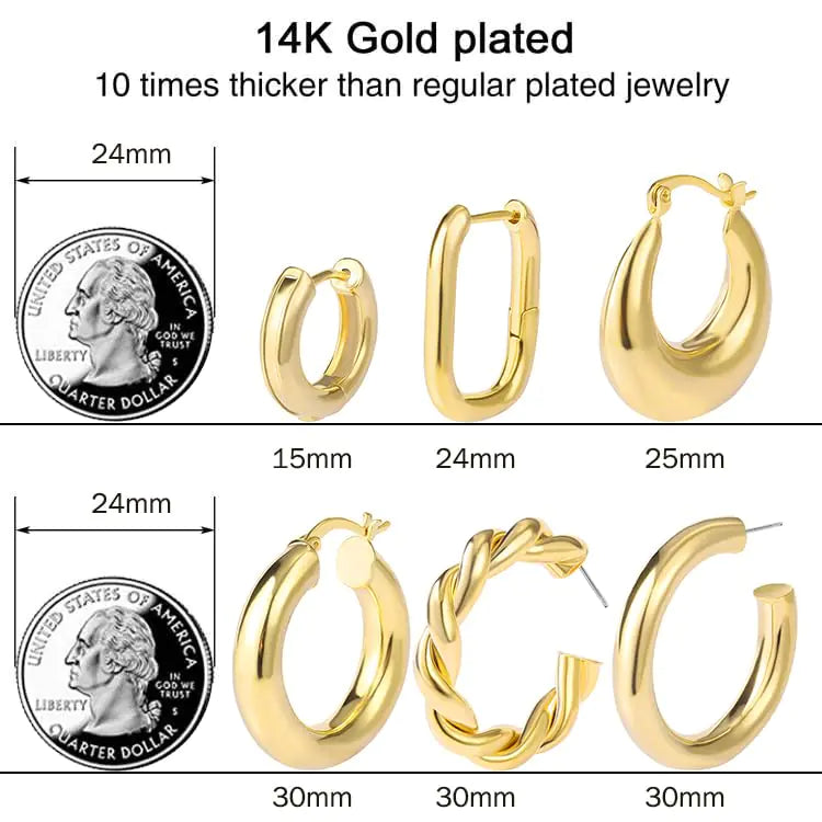 💎: 6 Pairs Chunky Gold Hoop Earrings Set - 14K Gold Plated Hypoallergenic Huggie Collection