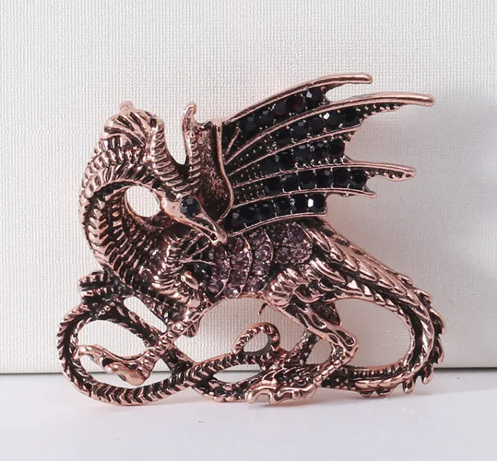 🐉: Fire Dragon Brooch - Korean Style Animal Pin in Red & Silver