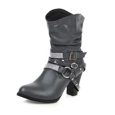 🥾: Women's Mid-Calf Martin Boots with Vintage Buckle - Premium PU Leather