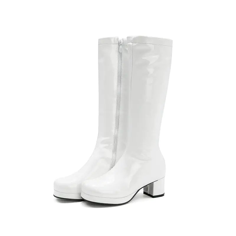 🥾: Chunky Heel Patent Leather Mid Calf Women's Boots - Waterproof Square Toe
