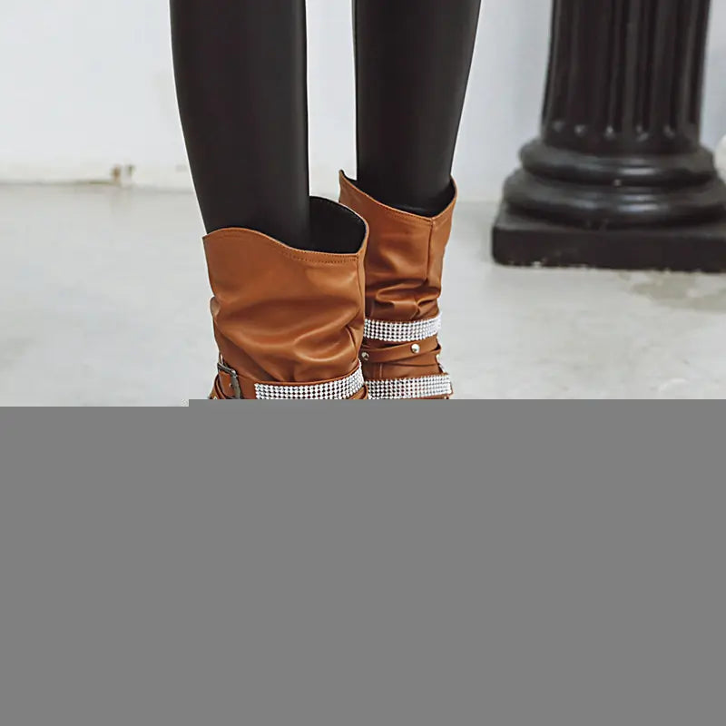 🥾: Women's Mid-Calf Martin Boots with Vintage Buckle - Premium PU Leather