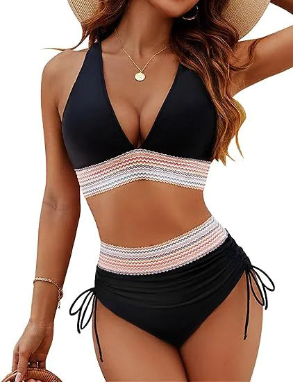 👙: Color Blocking Bikini Set - Drawstring Two-Piece Swimsuit