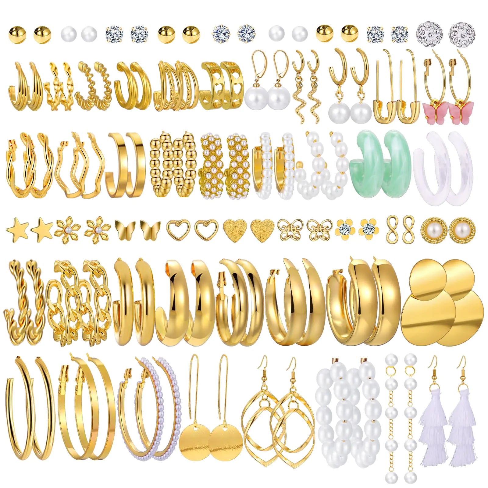 💎: 54 Pairs Gold Hoop Earrings Set - Ultimate Collection Chunky Pearl Twisted Statement Pack