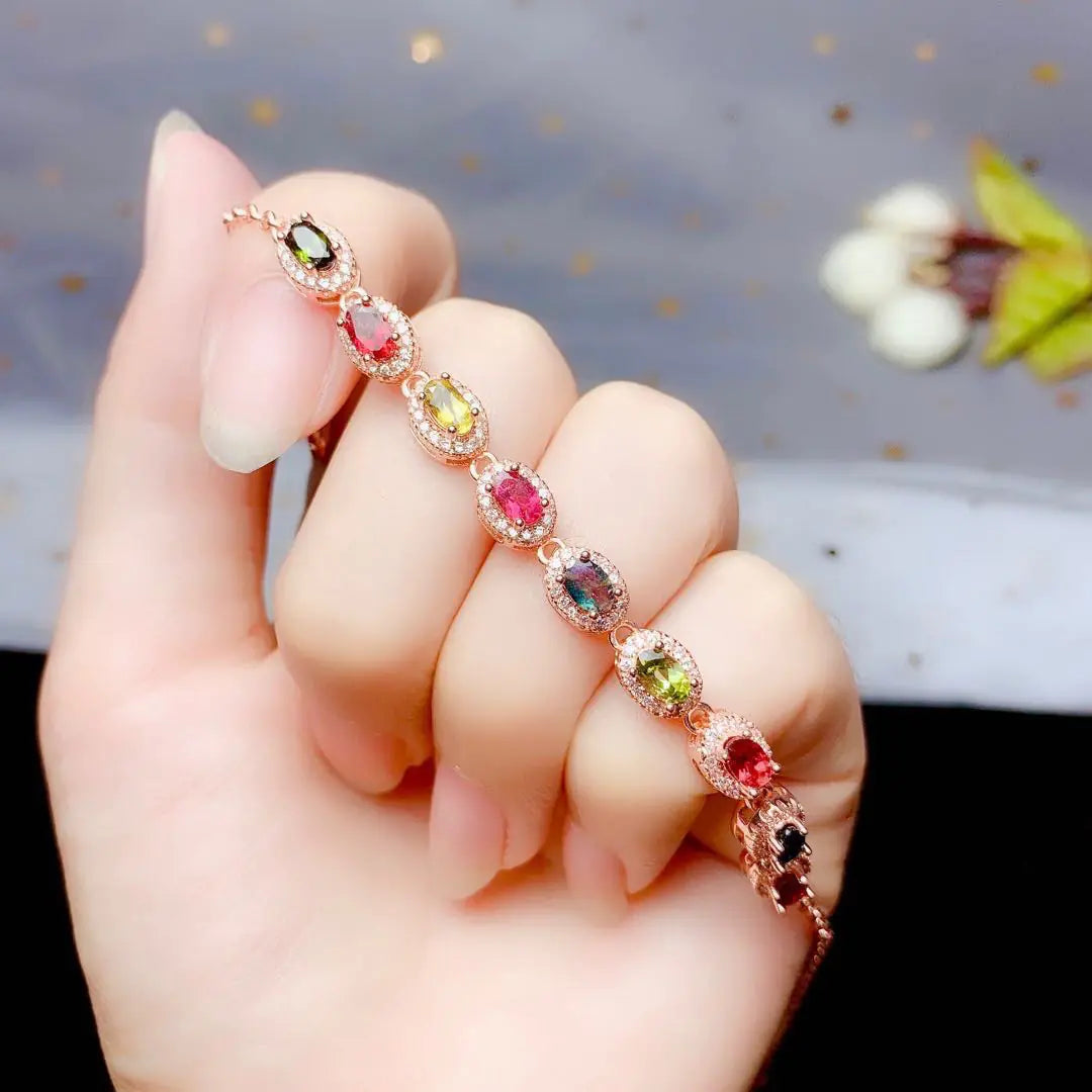 💎: 925 Sterling Silver Tourmaline Inlaid Bracelet - Luxury Gemstone Jewelry