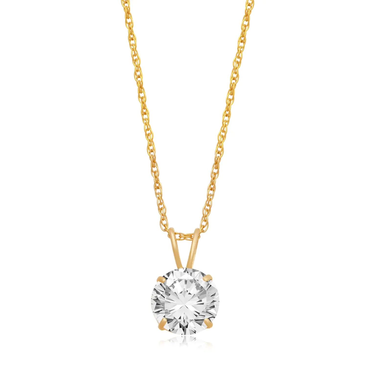 💎: 10K Yellow Gold Solitaire Necklace - 8MM CZ Pendant with 18" Rope Chain