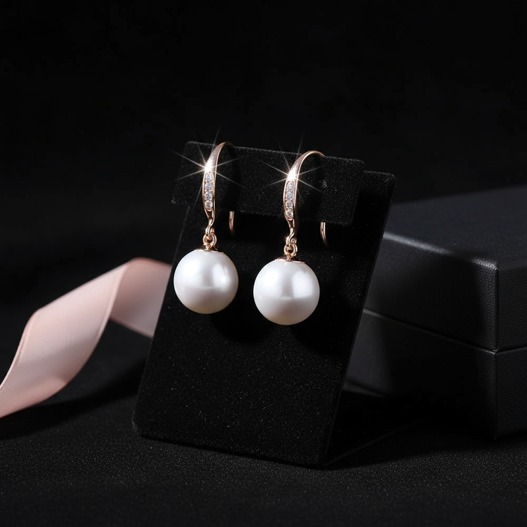 Rose Gold Pearl Earrings on Black Velvet
