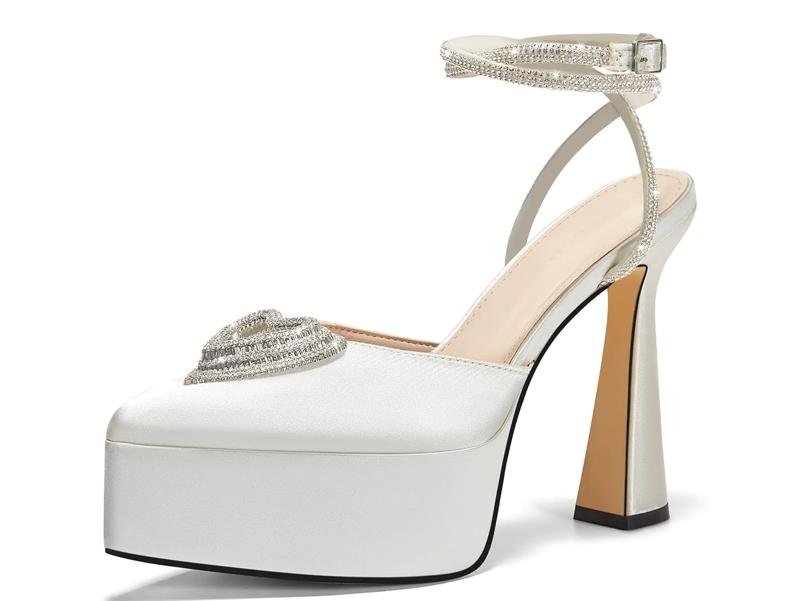 👠: Platform High Heels Size 9 - Rhinestone Heart Wedding Pumps Pearl White