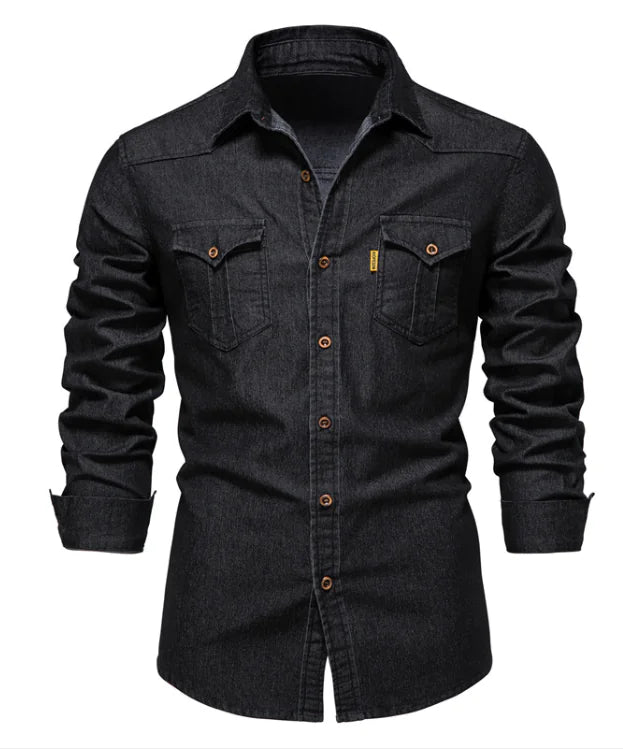 👔: Men's Denim Long Sleeve Shirt - Casual Solid Color Cotton Blend