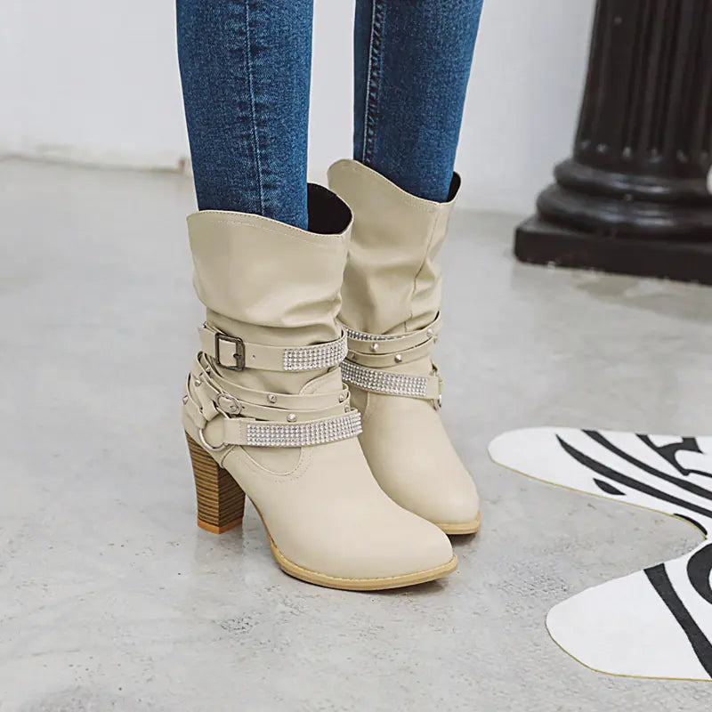 🥾: Women's Mid-Calf Martin Boots with Vintage Buckle - Premium PU Leather