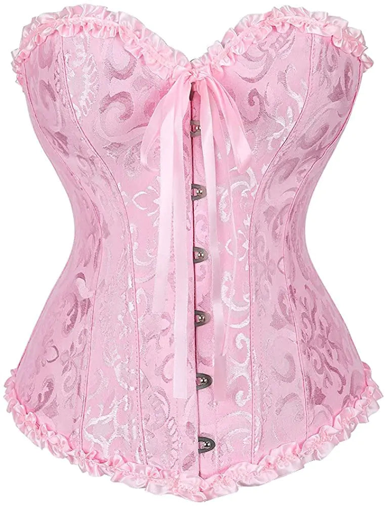 💗: Women's Pink Floral Satin Corset - Lace-Up Overbust Bustier