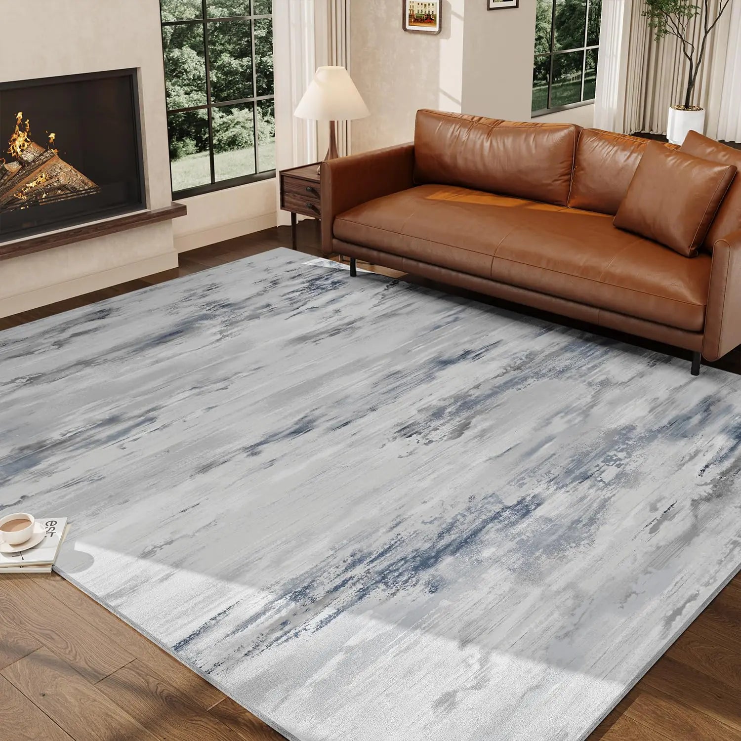 🏠: AMOAMI Modern Abstract 8x10 Area Rug - Blue Grey Washable Non-Slip