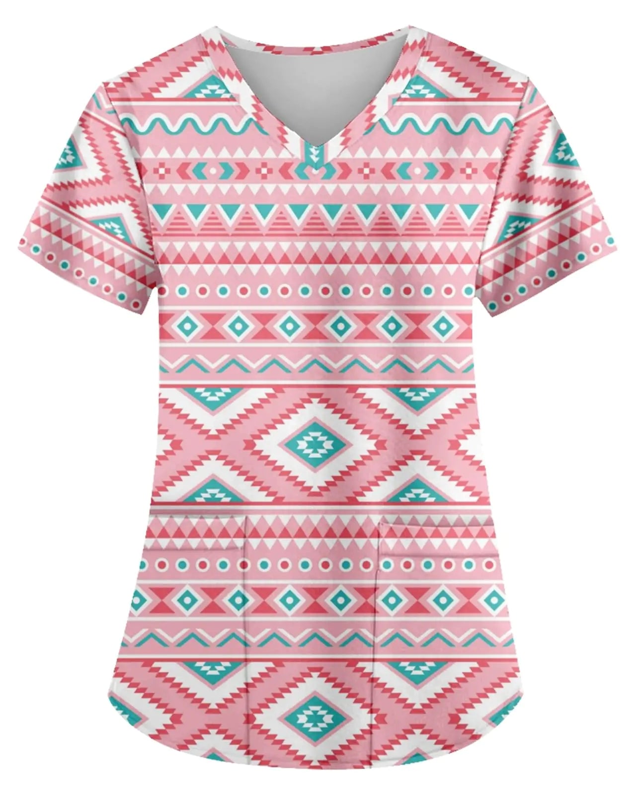 🏺: AMOMA Aztec Print Scrub Shirt - Native American V-Neck Nursing Top Light Pink