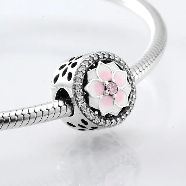 💎: S925 Sterling Silver DIY Bracelet - Epoxy Beads & Magnolia Pendant Charm