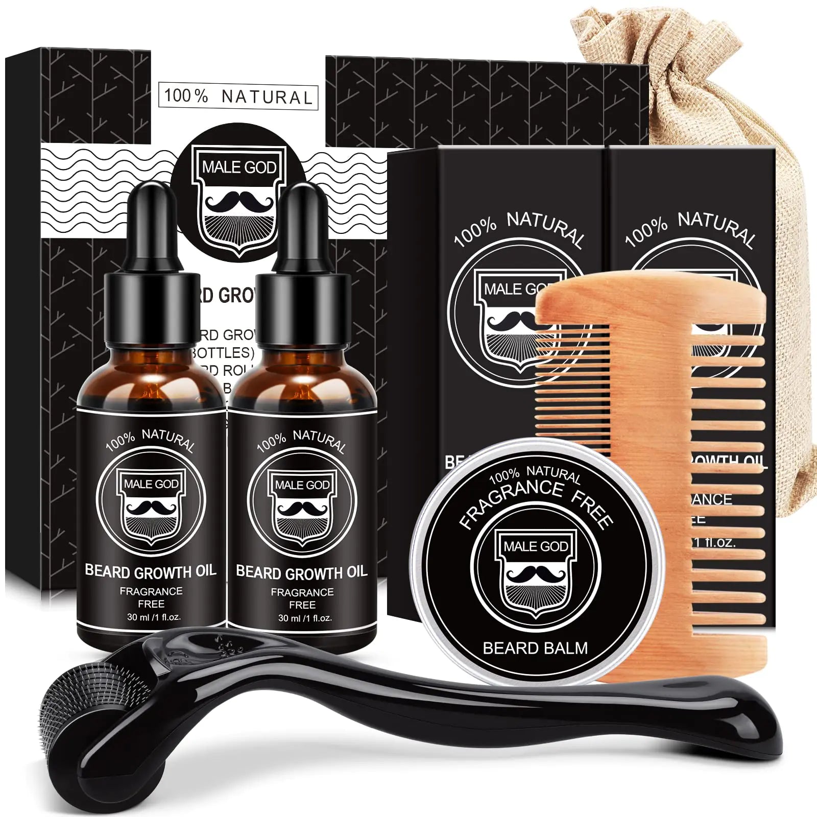 🧔: MALE GOD Beard Growth Kit - Complete Care System with Oil, Balm, Comb & Massager