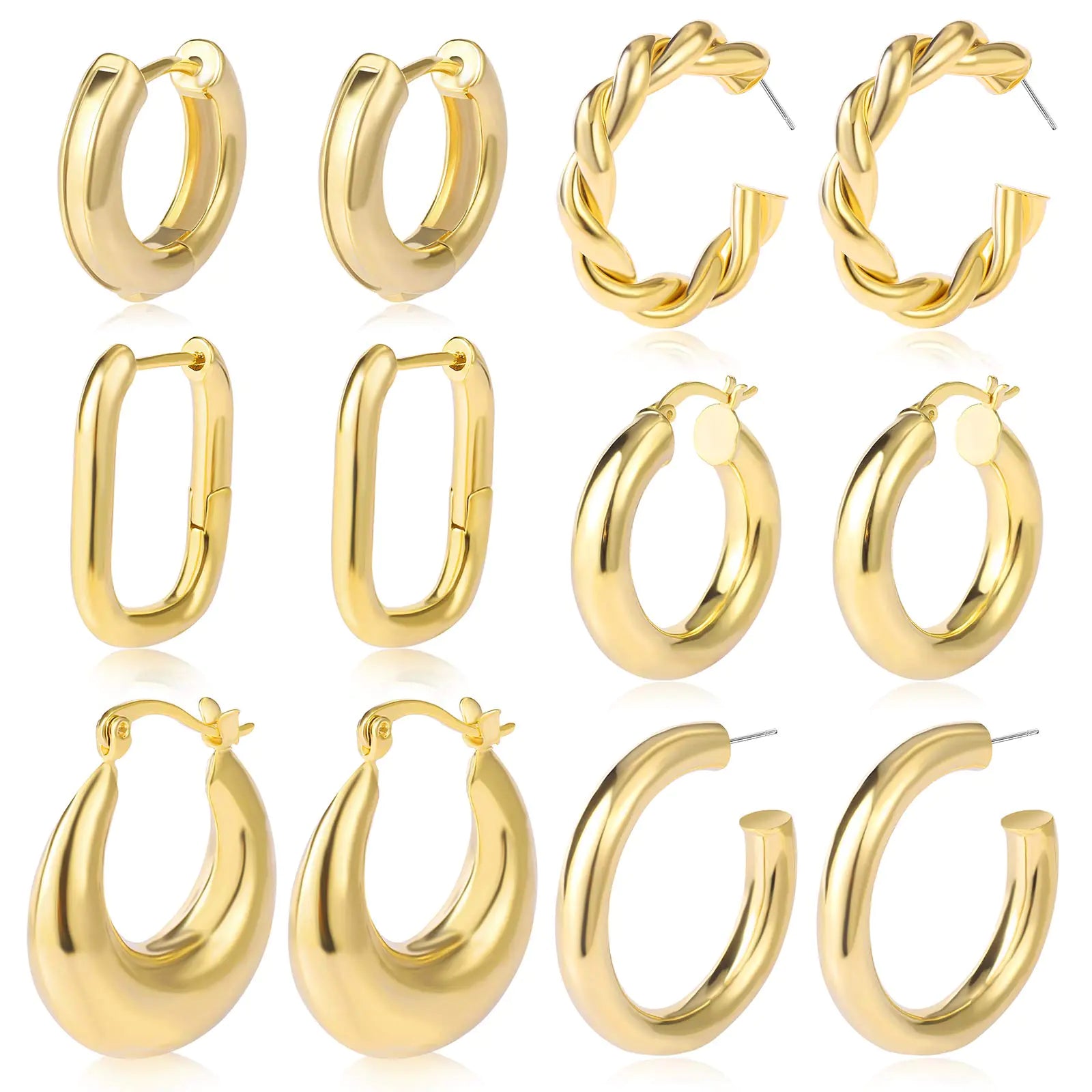 💎: 6 Pairs Chunky Gold Hoop Earrings Set - 14K Gold Plated Hypoallergenic Huggie Collection
