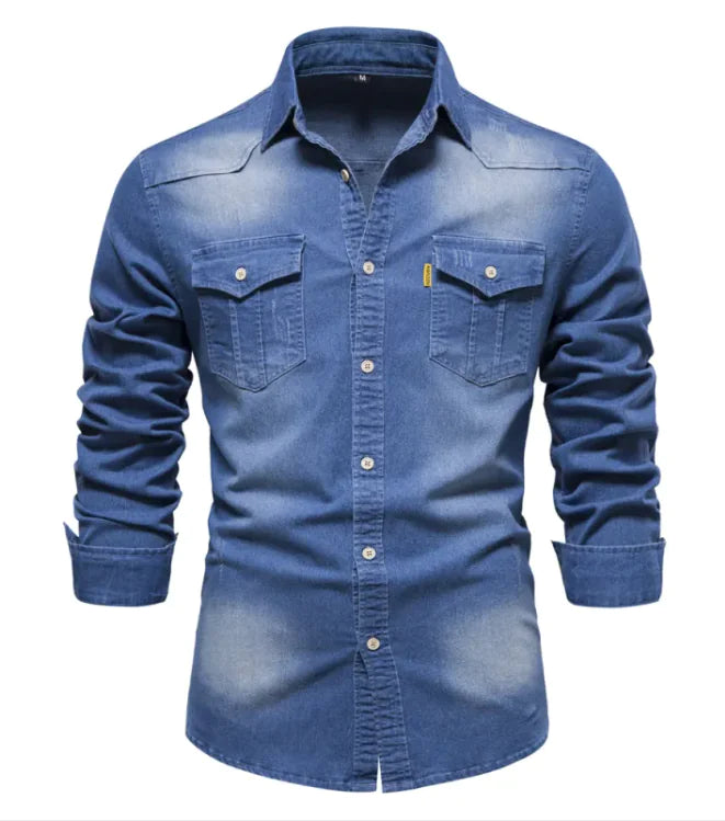 👔: Men's Denim Long Sleeve Shirt - Casual Solid Color Cotton Blend